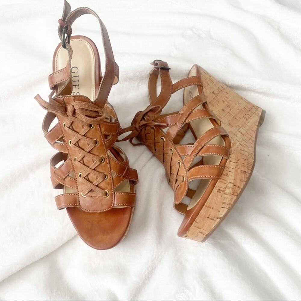 Guess Rebecca cage wedge sandals brown tan cork size 7